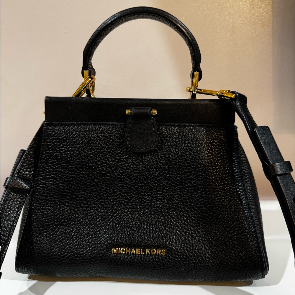 Michael Kors Gramercy Frame Small Leather Satchel Bag Black.